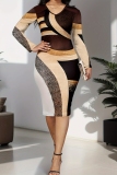 Khaki Skinny Casual Semi Formal Party Club Abstract Print V Neck Long Sleeve Knee Length Plus Size Midi Dresses
