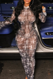 Grey Cross Print O Neck Long Sleeve Wrapped Skirt Night Club Bodycon Maxi Dresses