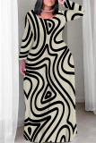 Dark Apricot Casual Geometric Print O Neck Long Sleeve Straight Loose Vacation Plus Size Maxi Dresses