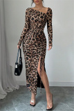 Red Casual Leopard Print Oblique Collar Long Sleeve Draw String Lace Up Front Slit Bodycon Maxi Dresses