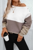 Brown Stripe Contrast Round Neck Button up Long Sleeve Fall Winter Knitted Sweater Tops