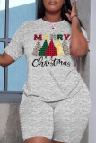 Red Christmas Casual Sportswear Letter Bear Santa Print Round Neck Short Sleeve T-shirt and Shorts Two Pieces Sets