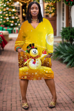 Green Christmas Snowman Santa Claus Grinch Print V Neck Long Sleeve Pocket Casual Outing Plus Size Straight Loose Midi Dress