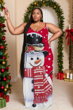 Red Black Christmas Snowman Santa Claus Grinch Print V Neck Long Sleeve Pocket Casual Outing Plus Size Straight Loose Midi Dress