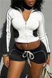 Black Sportwear Contrast Bodycon Zip-up Stand Collar Long Sleeve Jacket and Drawstring Shorts Two Pieces Sets