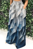 Blue White Casual Geometric Colorblock Print Gradient Pocket Patchwork Loose High Waist Wide Leg Pants Bottoms