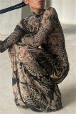 Khaki Sexy Bodycon Casual Fish Print Gauze See-Through Turtleneck Long Sleeve Maxi Dresses