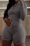 Black Skinny Sportwear Gym Casual Zip up Stand Collar Long Sleeve Jacket and Shorts Two Pieces Sets