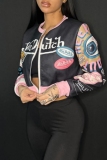 Black Casual Letters Evil Eyes Print Zipper Collar Long Sleeve Short Varsity Jackets Coats Outerwear