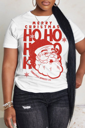 White Red Christmas Casual Santa Claus Letter Print Round Neck Short Sleeve T-Shirts Tops