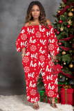 Red White Christmas Tree Snowflakes Santa Claus Print Off Shoulder Long Sleeve Vacation Loose Casual Outing Harem Jumpsuit