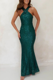 Formal Evening Party Prom Wedding Sequins Backless V Neck Long Bodycon Glitter Prom Halter Maxi Dress