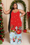 Red Black Christmas Tree Santa Claus Print Backless Spaghetti Strap Floor Length Vacation Baggy Sundress Slip Maxi Dress