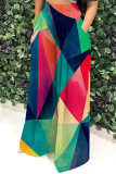 Blue White Casual Geometric Colorblock Print Gradient Pocket Patchwork Loose High Waist Wide Leg Pants Bottoms