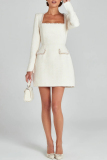 Red Rhinestone Decor Turndown Collar Long Sleeve Formal Evening Party A Line Chanel Style Mini Dress