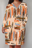 White Graphics Print V Neck Short Sleeve Pockets Casual Straight Loose Midi T-Shirt Dress