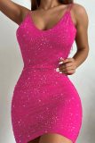 Red Evening Party Gown Backless Spaghetti Strap Wrapped Skirt Ruched Bodycon Glitter Prom Mini Slip Dress