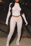 White O Neck Long Sleeve Hollow Out See-Through Mesh Knitted Crop Tops And Skinny Pants Two Pieces Trouser Sets