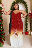 Red Black Christmas Snowman Santa Claus Grinch Print V Neck Long Sleeve Pocket Casual Outing Plus Size Straight Loose Midi Dress