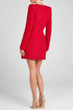 Red Rhinestone Decor Turndown Collar Long Sleeve Formal Evening Party A Line Chanel Style Mini Dress