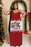 Red Black Christmas Tree Santa Claus Print Backless Spaghetti Strap Floor Length Vacation Baggy Sundress Slip Maxi Dress