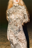 Khaki Sexy Bodycon Casual Fish Print Gauze See-Through Turtleneck Long Sleeve Maxi Dresses