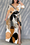 Beige Floral Print V Neck 3/4 Sleeve Lace Up Side High Slit Straight Loose Maxi Dress