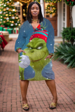 Green Christmas Snowman Santa Claus Grinch Print V Neck Long Sleeve Pocket Casual Outing Plus Size Straight Loose Midi Dress