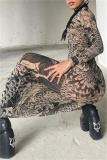 Khaki Sexy Bodycon Casual Fish Print Gauze See-Through Turtleneck Long Sleeve Maxi Dresses