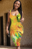 Khaki Graphic Print Sleeveless Backless U Neck Casual Outing Fitted Vest Midi Dress