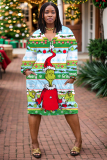 Red Christmas Deer Santa Claus Grinch Print V Neck Long Sleeve Pocket Casual Outing Plus Size Straight Loose Midi Dress