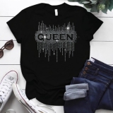Black Hot Drilling Casual Letter Print Round Neck Short Sleeve T-Shirts Tops