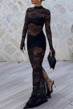 Black Bodycon Sexy Party Club Prom Evening Lace See-Through Half A Turtleneck Long Sleeve Mermadi Maxi Dresses