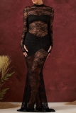 Black Bodycon Sexy Party Club Prom Evening Lace See-Through Half A Turtleneck Long Sleeve Mermadi Maxi Dresses