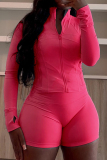 Black Skinny Sportwear Gym Casual Zip up Stand Collar Long Sleeve Jacket and Shorts Two Pieces Sets