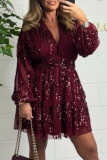 Black Casual Sequin Evening Party Gown V Neck Long Sleeve Lace Layer Glitter Prom Midi Dresses