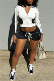 Black Sportwear Contrast Bodycon Zip-up Stand Collar Long Sleeve Jacket and Drawstring Shorts Two Pieces Sets