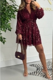 Black Casual Sequin Evening Party Gown V Neck Long Sleeve Lace Layer Glitter Prom Midi Dresses