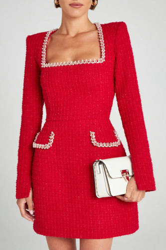 Red Rhinestone Decor Turndown Collar Long Sleeve Formal Evening Party A Line Chanel Style Mini Dress