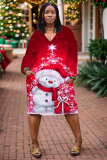 Green Christmas Snowman Santa Claus Grinch Print V Neck Long Sleeve Pocket Casual Outing Plus Size Straight Loose Midi Dress
