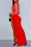 Apricot Hot Drilling Evening Party Gown See-Through Turtleneck Long Sleeve Floor Length Long High Slit Bodycon Glitter Prom Maxi Dress