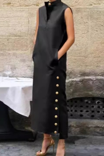 Black Formal Office Casual Mandarin Collar Pocket Slit Long Loose Maxi Tank Dresses