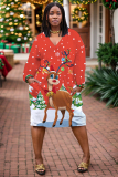 Green Christmas Snowman Santa Claus Grinch Print V Neck Long Sleeve Pocket Casual Outing Plus Size Straight Loose Midi Dress