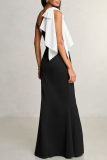 Black Formal Evening Party Prom Bow Tie Side Slit Oblique Collar Floor Length Mermaid Hem Long Bodycon Maxi Dresses