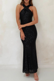 Formal Evening Party Prom Wedding Sequins Backless V Neck Long Bodycon Glitter Prom Halter Maxi Dress