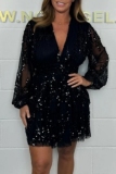 Black Casual Sequin Evening Party Gown V Neck Long Sleeve Lace Layer Glitter Prom Midi Dresses