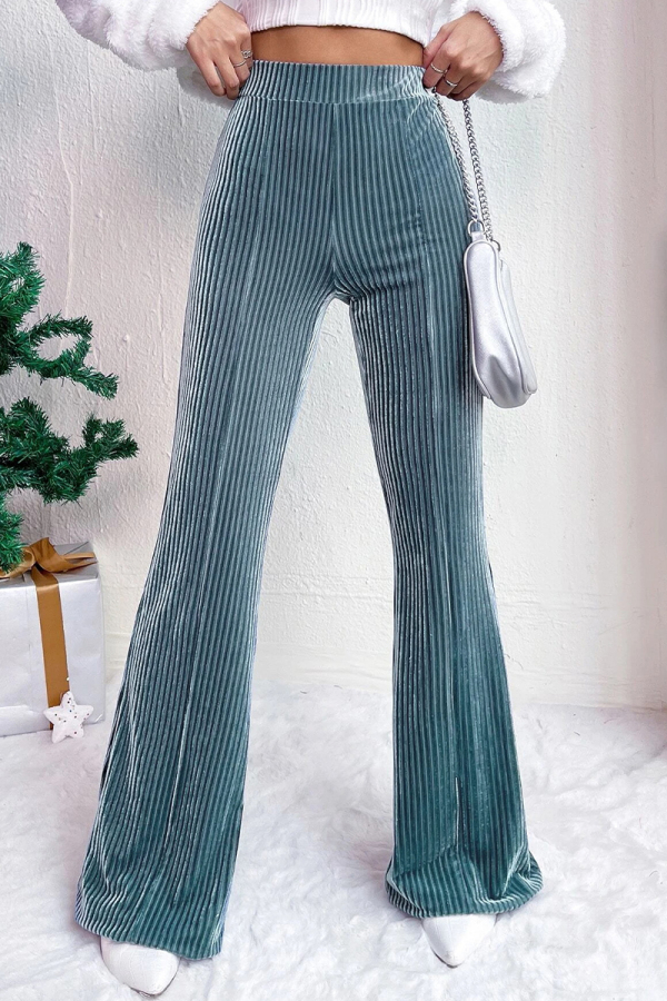 Peacock Blue Casual Corduroy Texture Regular High Waist Speaker Skinny Flared Pants Bottoms