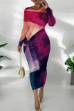 Purple Orange Graphic Letter Print O Neck Long Sleeve Casual Outing Bodycon Pencil Maxi Dress