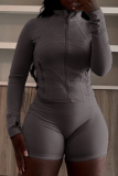 Black Skinny Sportwear Gym Casual Zip up Stand Collar Long Sleeve Jacket and Shorts Two Pieces Sets