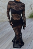 Black Bodycon Sexy Party Club Prom Evening Lace See-Through Half A Turtleneck Long Sleeve Mermadi Maxi Dresses